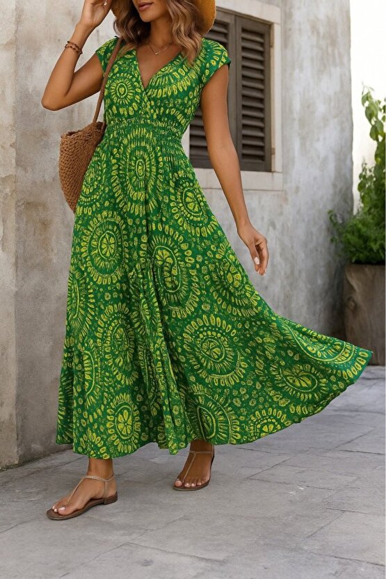 Dua Giyim Kadın Kısa Yarasa Kanat Kollu V Yakalı Beli Büzgülü Süprem Elbise