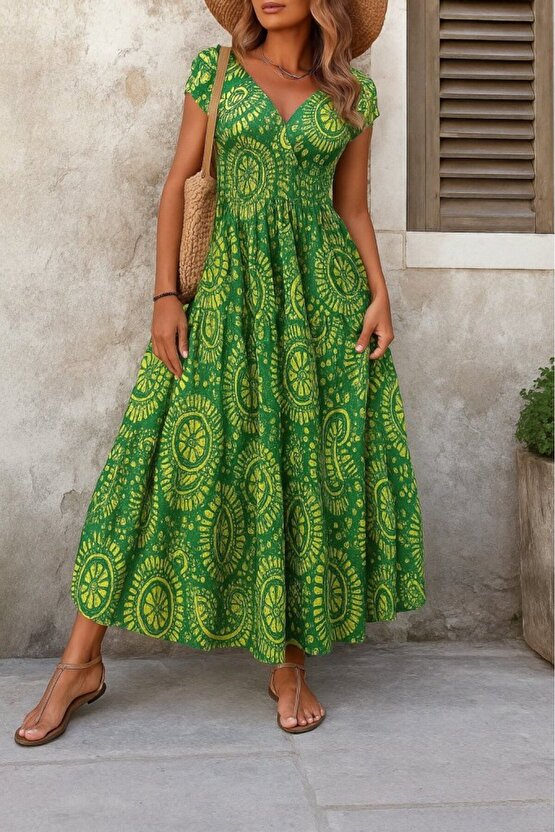 Dua Giyim Kadın Kısa Yarasa Kanat Kollu V Yakalı Beli Büzgülü Süprem Elbise