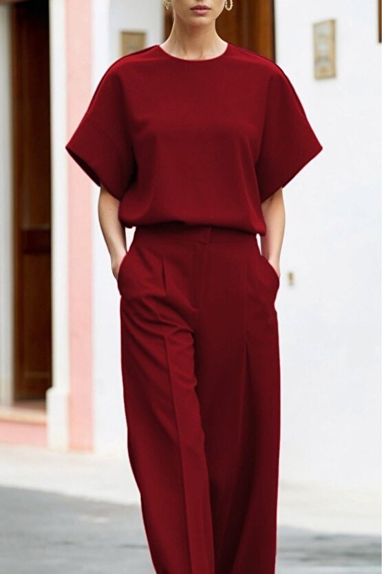 MODAVERA Kadın Kısa Kollu Bisiklet Yaka Bluz Yüksek Bel Cep Detaylı Pantolon Atlas Ikili Takım