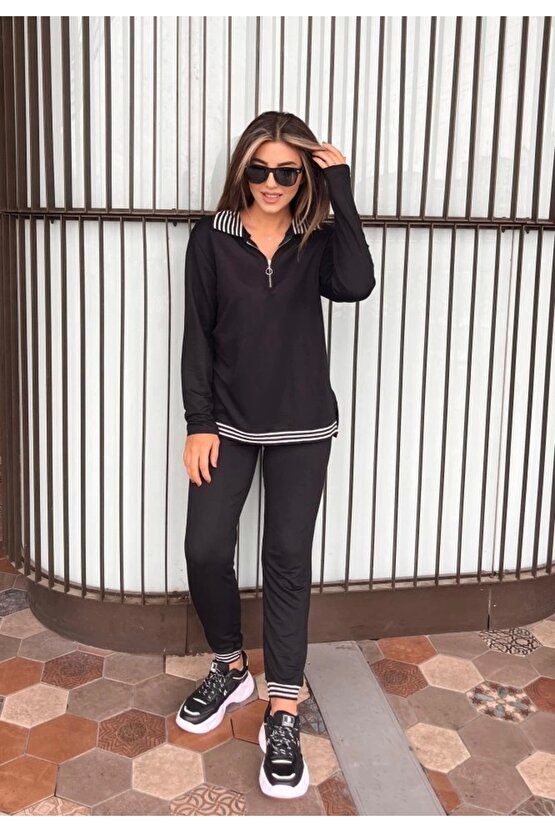 Kadın Uzun Kollu Ribana Ve Fermuar Detay Bluz Ve Yüksel Bel Pantolon 2li Takım