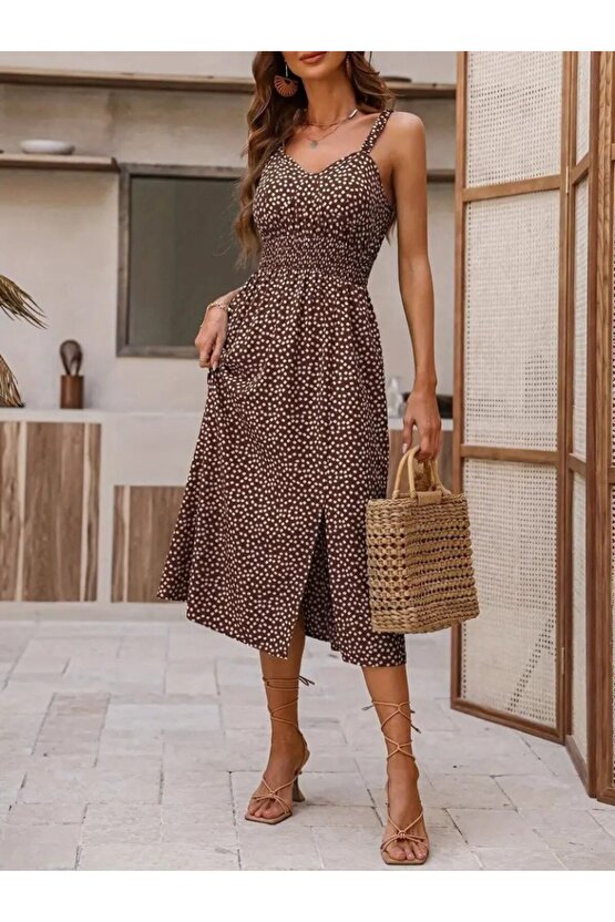 Kadın Askılı V Yakalı Beli Lastikli Yırtmaçlı Süprem Midi Elbise