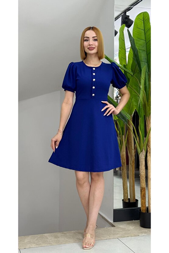 Kadın Kısa Kollu Bisiklet Yaka önden Düğmeli Ithal Krep Elbise