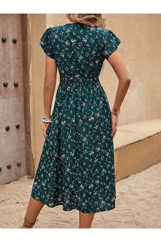 Kadın Kısa Kollu V Yakalı Beli Lastikli çiçek Desenli Süprem Elbise