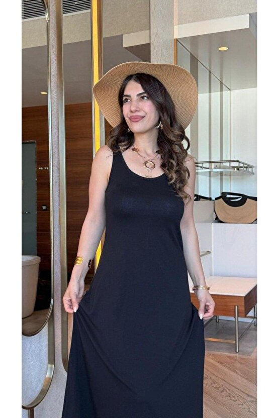 Kadın Askılı Yuvarlak Yakalı Viskon Elbise