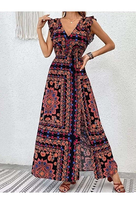 Kadın Kısa Kollu V Yakalı Deseni Yırtmaçlı Süprem Elbise