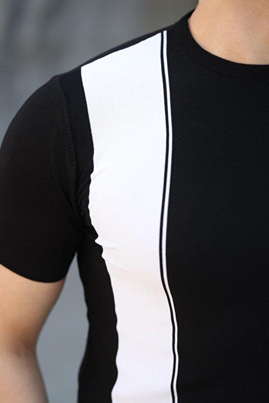 Erkek Viskon Kumaş Bisiklet Yaka çizgi Desenli Tişört