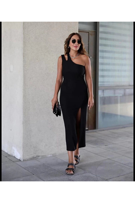 Kadın Tek Omuz Damla Detay Ottoman Kumaş Elbise