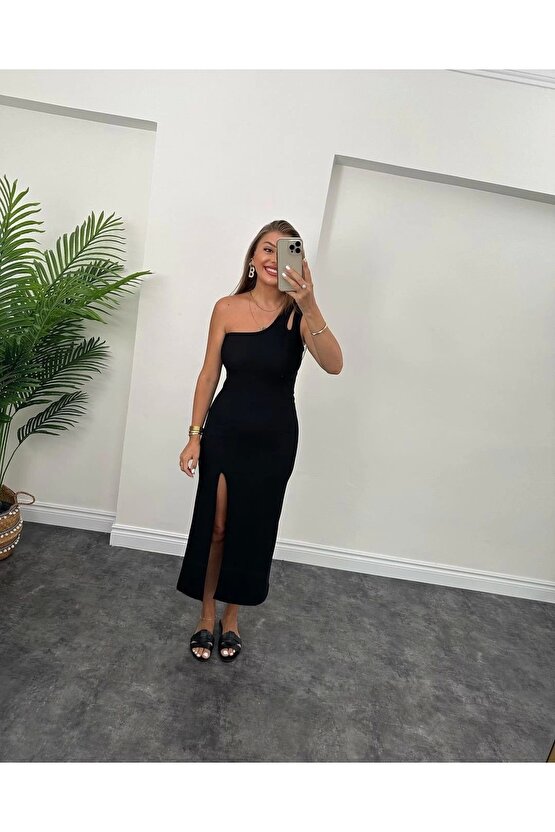 Kadın Tek Omuz Damla Detay Ottoman Kumaş Elbise