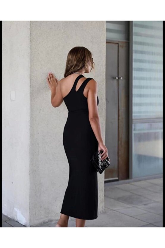 Kadın Tek Omuz Damla Detay Ottoman Kumaş Elbise