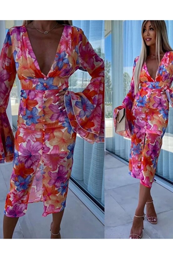 Kadın Göğüs Dekolteli Kolları Volan Detay Astarlı Tül Elbise