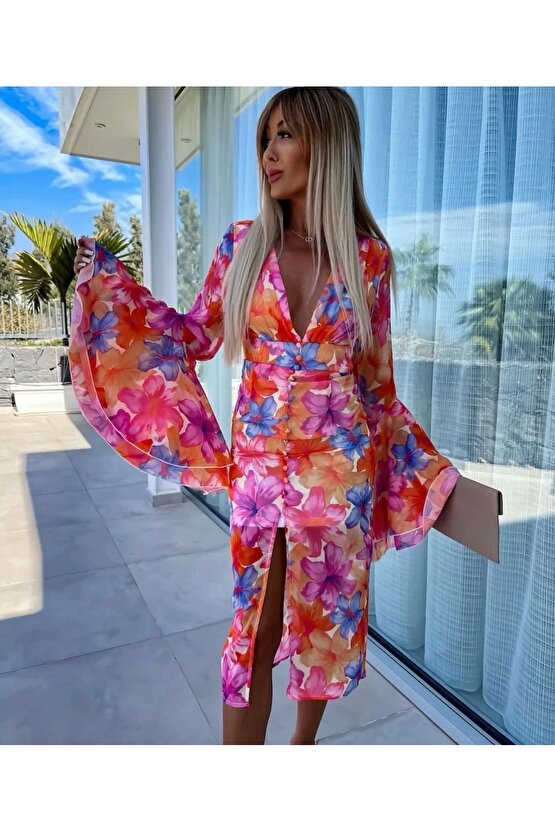 Kadın Göğüs Dekolteli Kolları Volan Detay Astarlı Tül Elbise