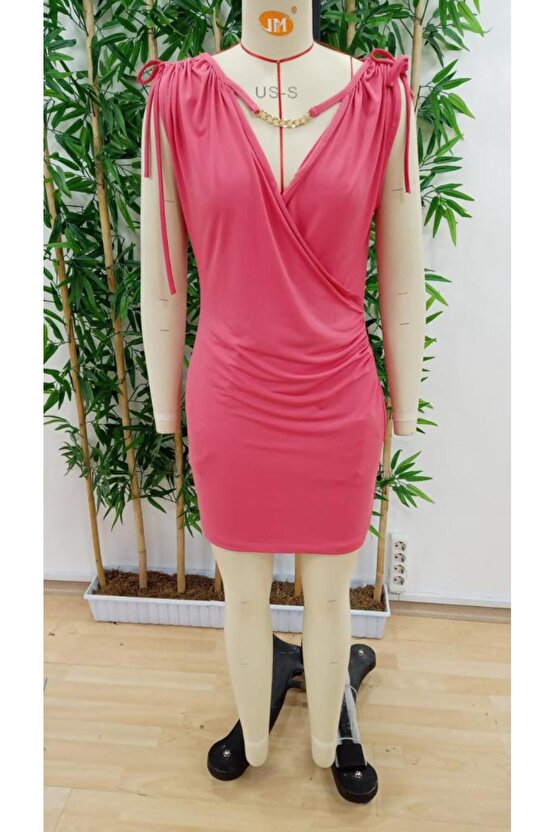 Kadın Kruvaze Yaka Büzgü Ve Aksesuar Detay Sandy Mini Elbise