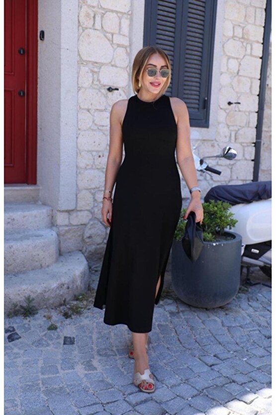 Kadın Omuzlardan Açık Arkadan Aksesuar Detaylı Yırtmaçlı Janjan Krep Elbise