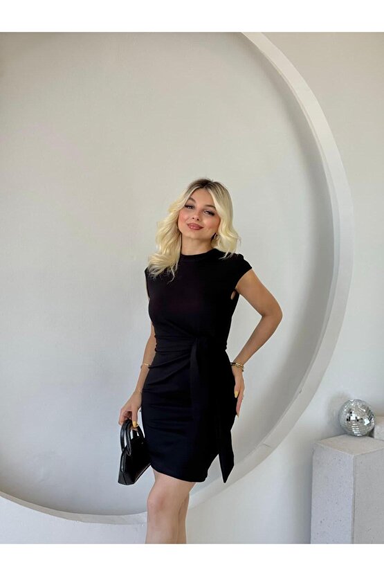 Kadın Kısa Kap Kollu Bisiklet Yaka Belden Bağlamalı Modal Mini Elbise