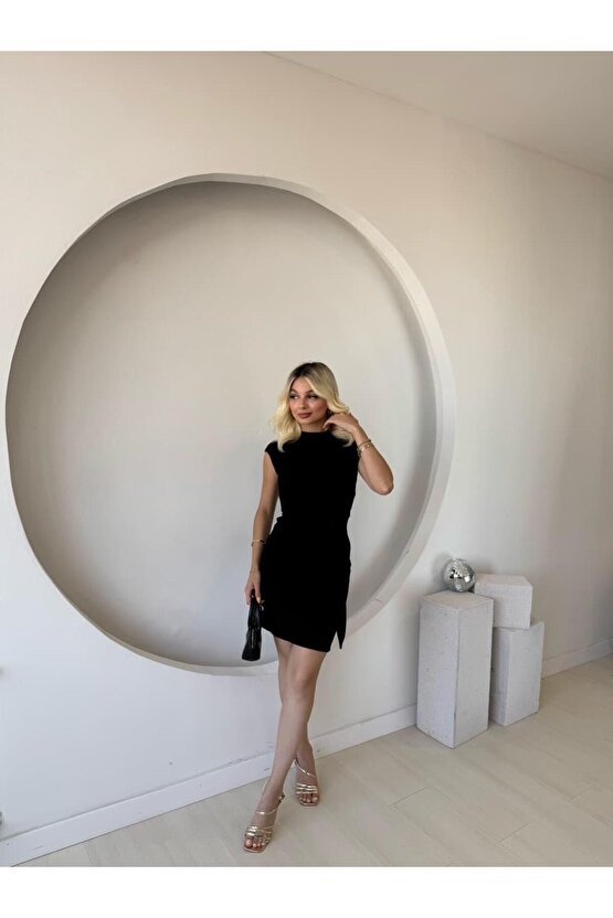 Kadın Kısa Kap Kollu Bisiklet Yaka Belden Bağlamalı Modal Mini Elbise