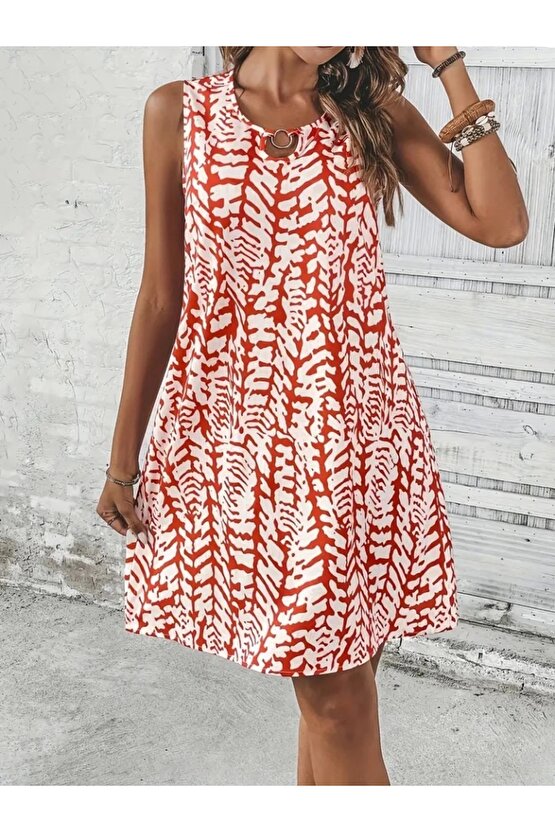 Kadın Sıfır Kol Yakadan Halka Detaylı Desenli Kısa Bürümcük Elbise