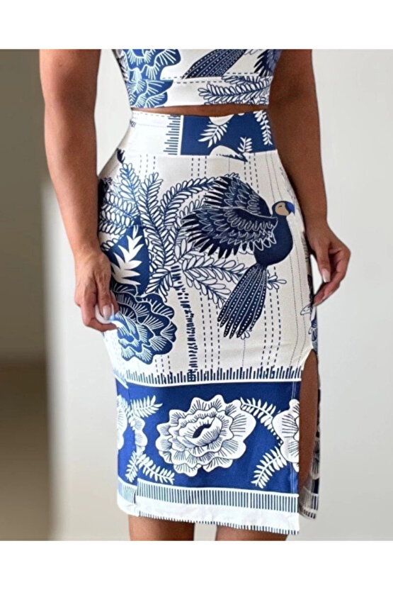 MDB Kadın Sıfır Kollu Yuvarlak Yaka çiçekli Desenli Süprem Crop Ve Yırtmaçlı Etek Ikili Takım