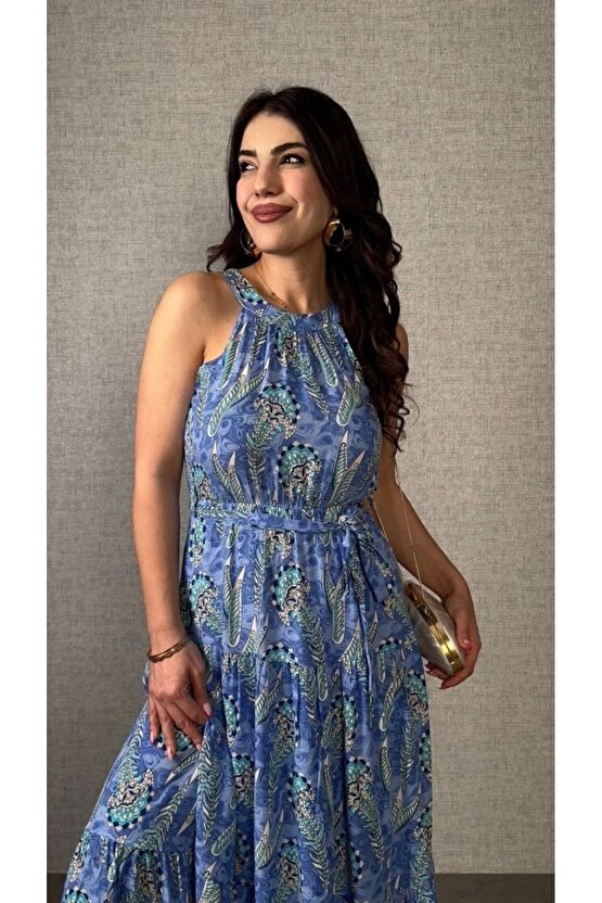 Kadın Omuzlardan Açık Boyundan Geçmeli Desenli Süprem Bluz