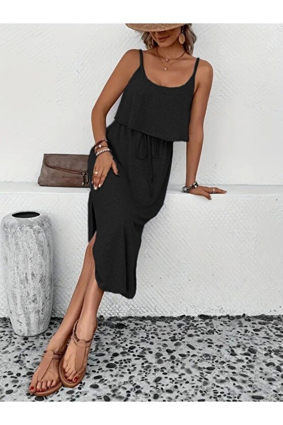 Kadın Askılı V Yakalı Viskon Bluz Ve Bağcıklı Etek Ikili Takım