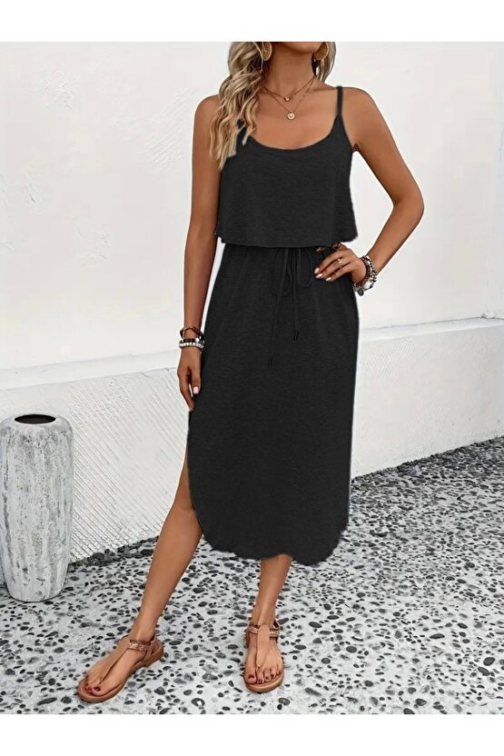 Kadın Askılı V Yakalı Viskon Bluz Ve Bağcıklı Etek Ikili Takım