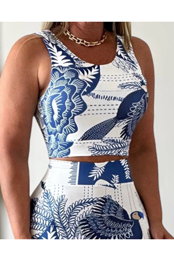 MDB Kadın Sıfır Kollu Yuvarlak Yaka çiçekli Desenli Süprem Crop Ve Yırtmaçlı Etek Ikili Takım