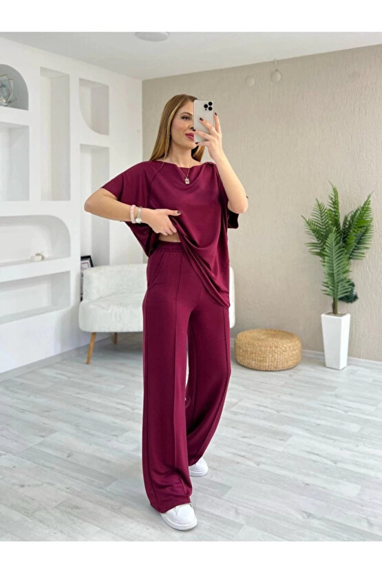 MDB Kadın Kısa Kollu Kayık Yakalı Dikiş Izi Detaylı Viskon Iki Iplik Bluz Ve Pantolon Ikili Takım