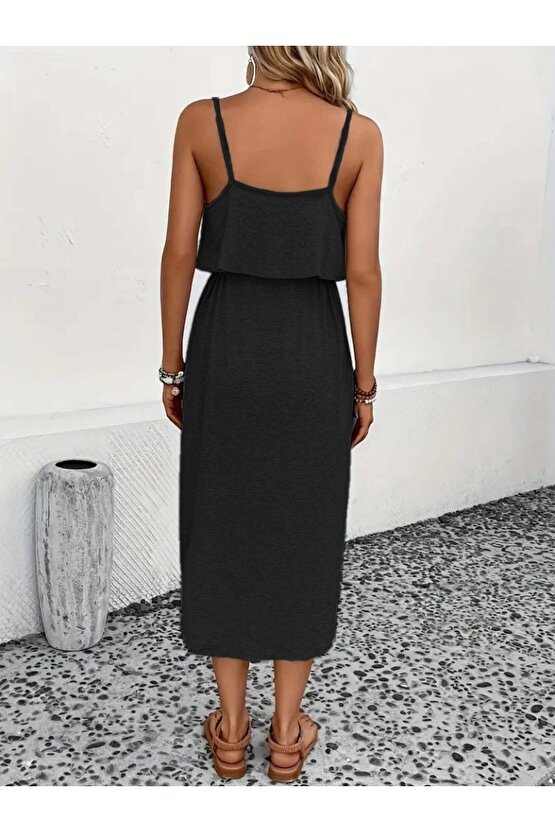 Kadın Askılı V Yakalı Viskon Bluz Ve Bağcıklı Etek Ikili Takım