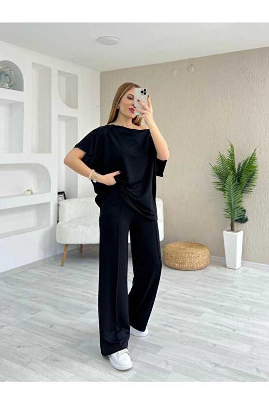 Kadın Kısa Kollu Kayık Yakalı Dikiş Izi Detaylı Viskon Iki Iplik Bluz Ve Pantolon Ikili Takım