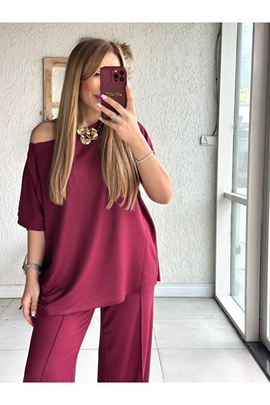 Yeni Sezon Kadın Tek Omuzdan Açık Geniş Kesim Viskon İki İplik Bluz ve Pantolon İkili Takım