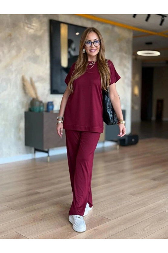 Kadın Kısa Kollu Bisiklet Yaka Viskon Iki Iplik Bluz Ve Pantolon Ikili Takım