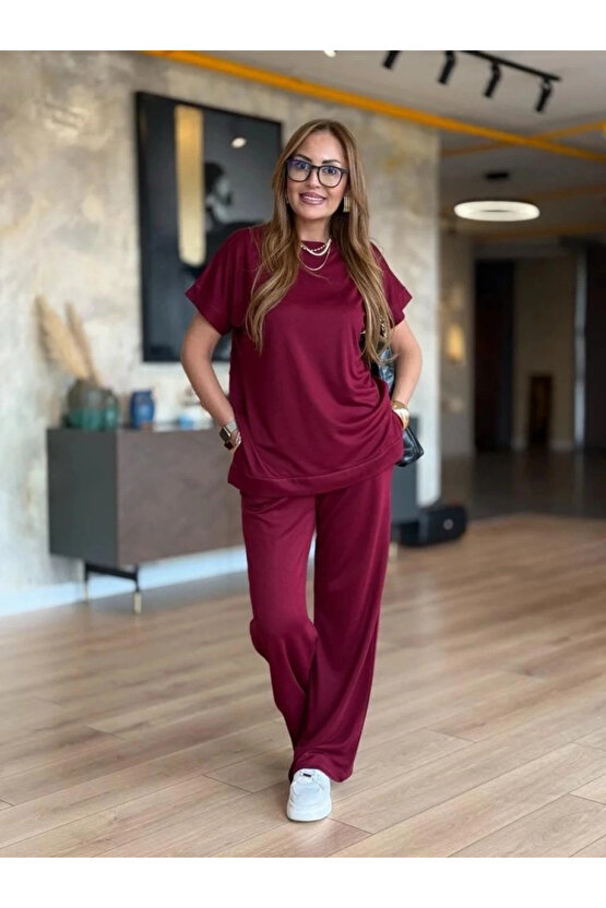 Kadın Kısa Kollu Bisiklet Yaka Viskon Iki Iplik Bluz Ve Pantolon Ikili Takım