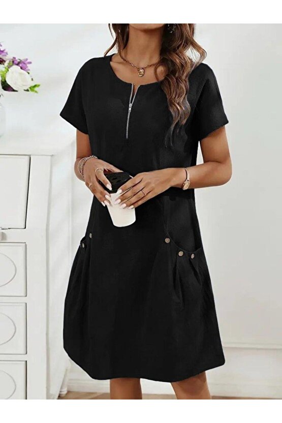 Kadın Kısa Kollu Yakası Açık Fermuarlı Cep Detaylı Ithal Keten Elbise