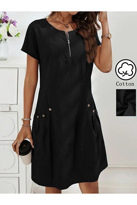 Kadın Kısa Kollu Yakası Açık Fermuarlı Cep Detaylı Ithal Keten Elbise