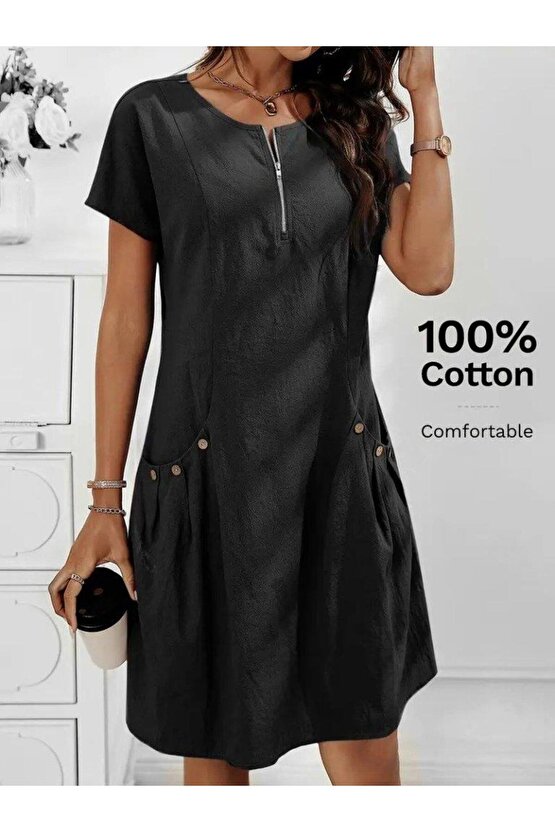 Kadın Kısa Kollu Yakası Açık Fermuarlı Cep Detaylı Ithal Keten Elbise