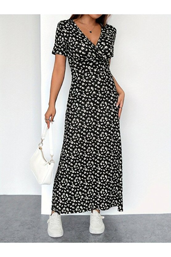 MDB Kadın Kısa Kollu Kruvaze Yakalı çiçek Desenli Süprem Elbise