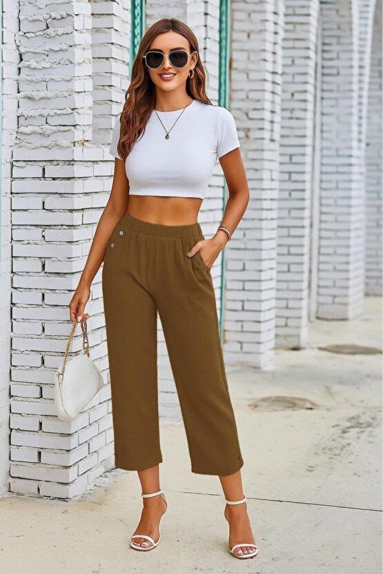 Kadın Beli Lastikli Düğme Ve Cep Detaylı Kapri Ithal Keten Pantolon