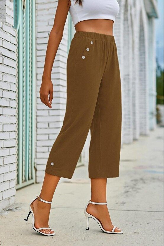 Kadın Beli Lastikli Düğme Ve Cep Detaylı Kapri Ithal Keten Pantolon