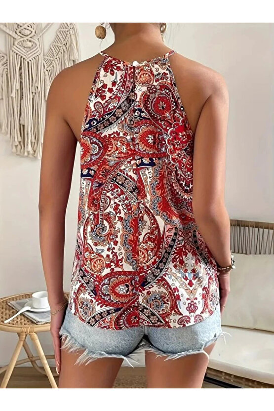 Kadın Halter Kollu Damla Detaylı Desenli Süprem Bluz
