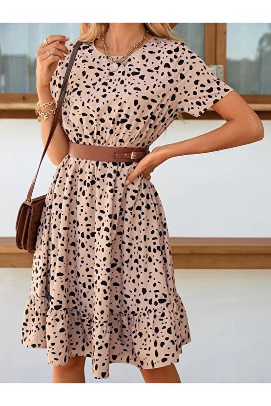 Kadın Kısa Kollu Bisiklet Yaka Desenli Süprem Elbise