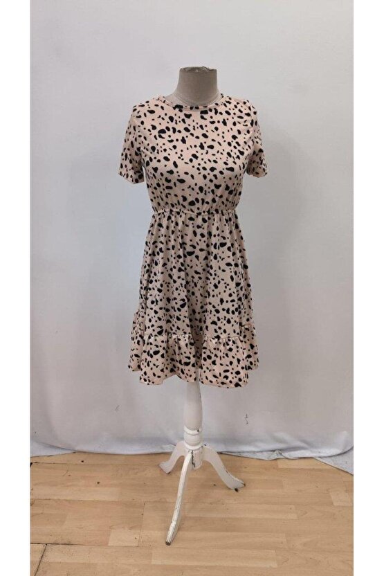 Kadın Kısa Kollu Bisiklet Yaka Desenli Süprem Elbise