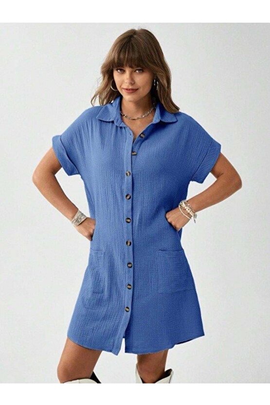 Kadın Cep Detay Müslin Kumaş Mini Gömlek Elbise