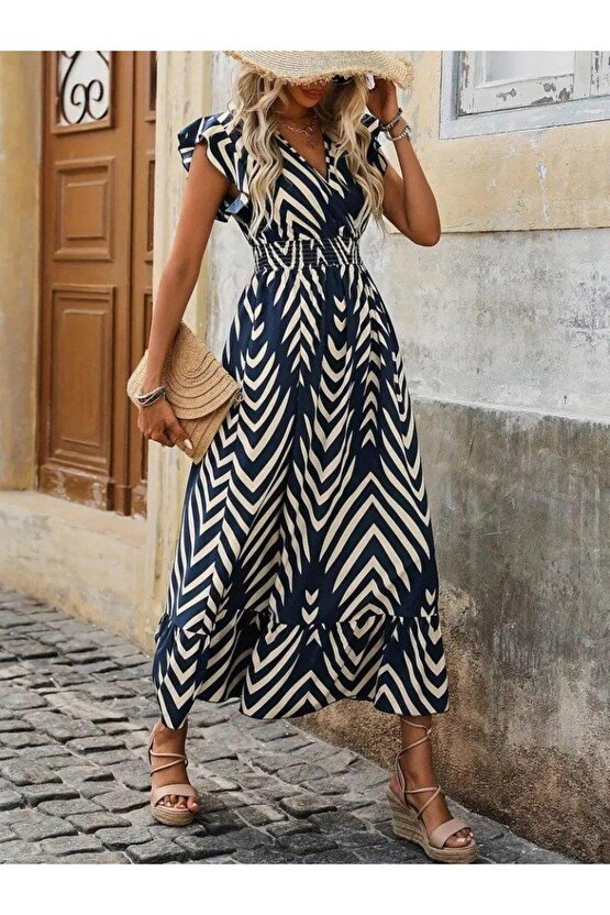 Kadın Kısa Kollu Kruvaze Yakalı Fırfırlı Süprem Elbise