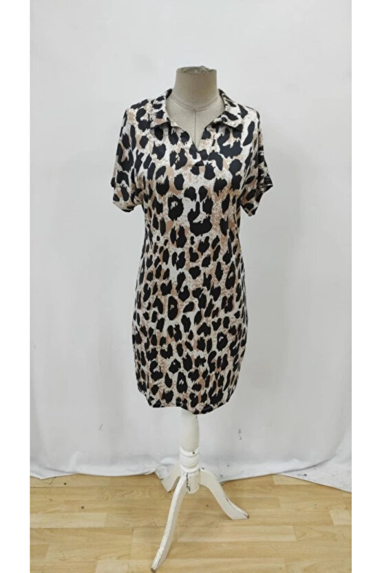 MDB Kadın Kısa Kollu Yakalı Leopar Desenli Süprem Elbise