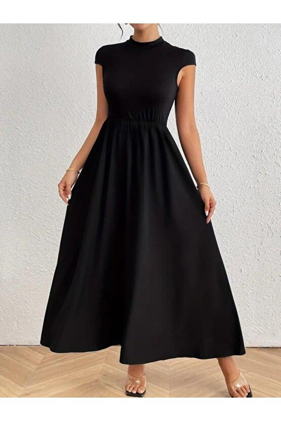 Kadın Kısa Kollu Yarı Balıkçı Yaka Viskon Elbise