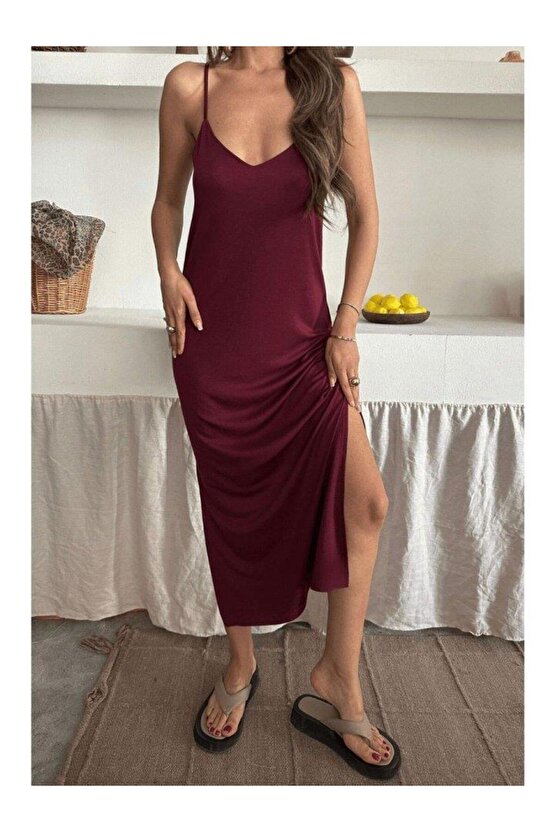 Kadın Siyah Asansör Askılı Çift Yırtmaçlı Helen Elbise