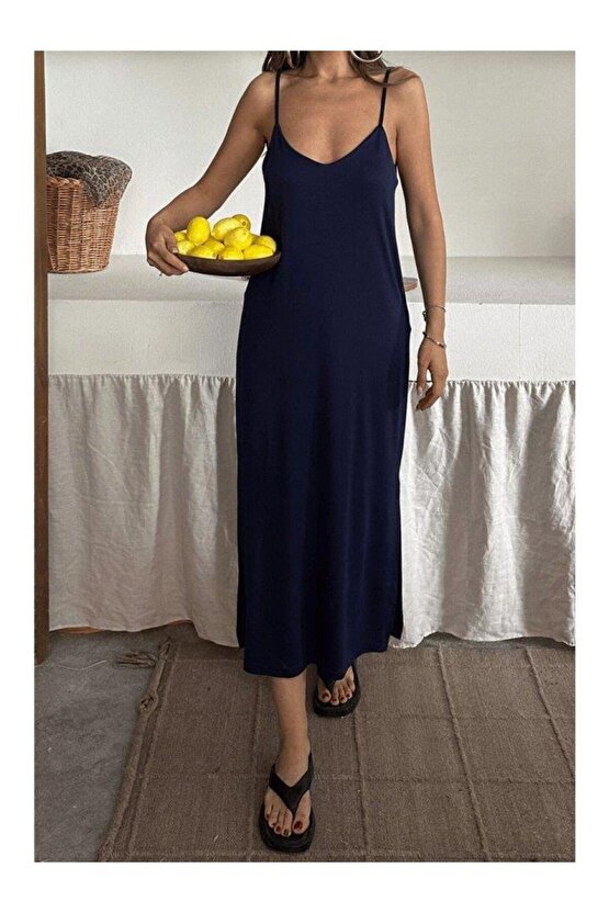 Kadın Siyah Asansör Askılı Çift Yırtmaçlı Helen Elbise