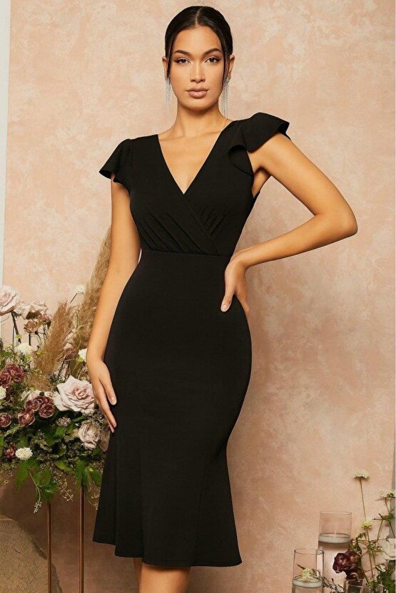 Kadın Kısa Kelebek Kollu Kruvaze Yaka Ithal Krep Midi Elbise