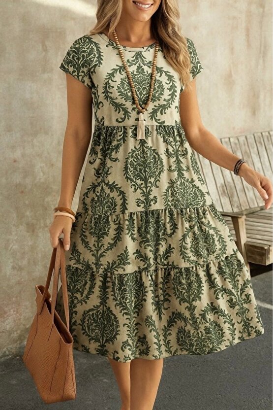 Kadın Kısa Kollu Bisiklet Yaka Desenli Fırfırlı Süprem Elbise