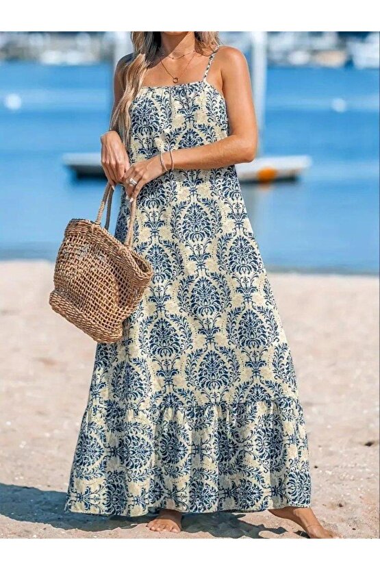 Kadın Ip Askılı Desenli Fırfırlı Süprem Elbise