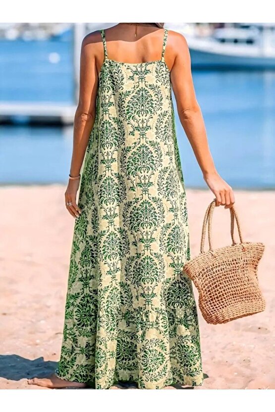 Edolika Kadın Ip Askılı Desenli Fırfırlı Süprem Elbise